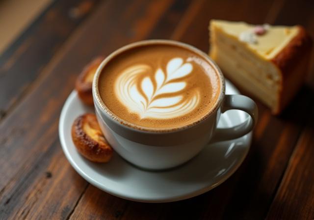 En vakkert anrettet kaffe og et stykke kake på et trebord.