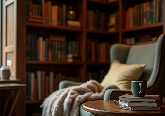 Detaljbilde av en bokhylle og en komfortabel lesekrok i kafeen.